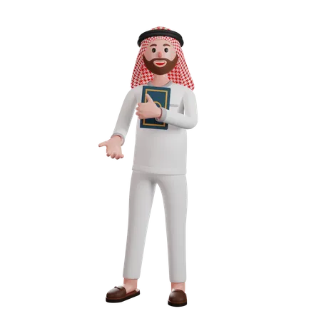 Homem árabe segurando o livro do Alcorão  3D Illustration