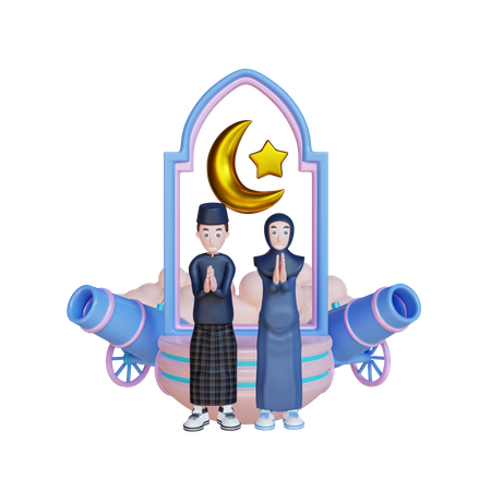 Arabic Couple doing Eid prayer  3D Illustration