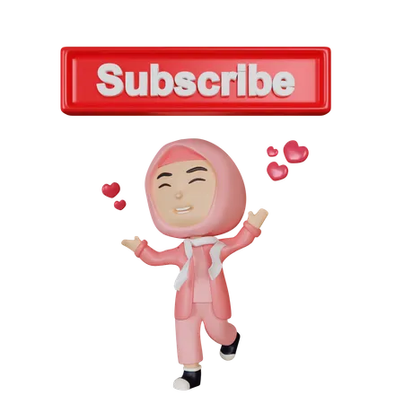 Arabic girl presenting subscribe button  3D Illustration