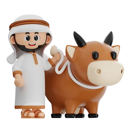 Arabic Man Carrying Cow  3D Illustration