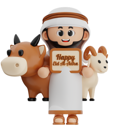 Arabic Man Holding Happy Eid Al Adha Board  3D Icon