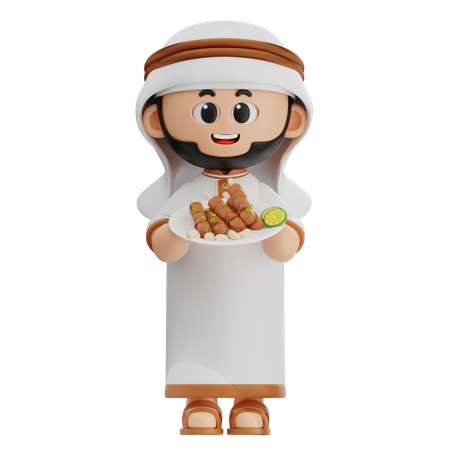 Arabic Man Holding Satay  3D Illustration