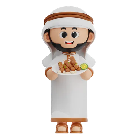 Arabic Man Holding Satay  3D Illustration