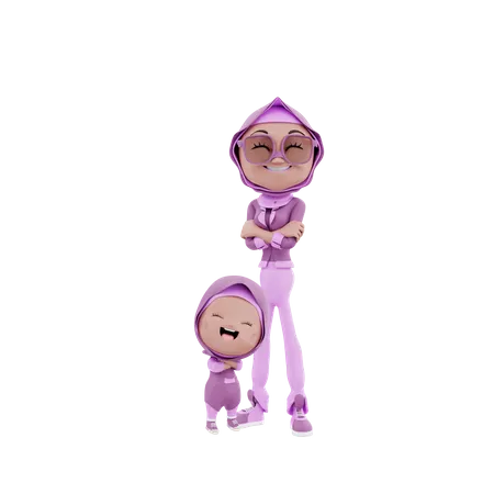 Arabic mother and child standing together  3D Illustration