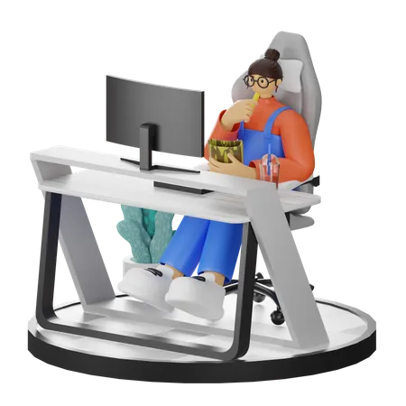 Arbeiten und dabei einen Snack essen  3D Illustration