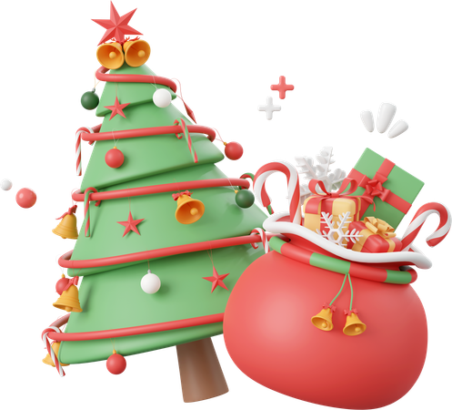 Árbol de navidad con bolsa de regalos  3D Icon