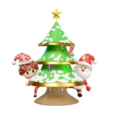 Árbol de Navidad con Papá Noel  3D Illustration