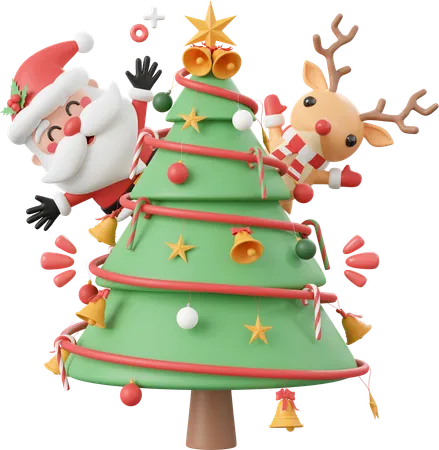 Árbol de navidad con santa claus y renos  3D Icon