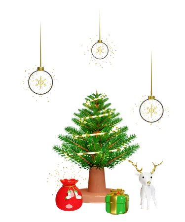 El árbol de Navidad está decorado con muchos regalos.  3D Illustration