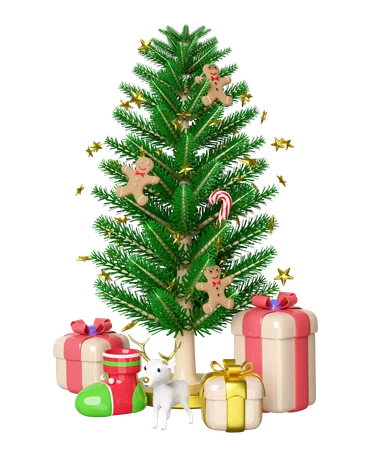 El árbol de Navidad está decorado con pan de jengibre y palitos de caramelo.  3D Illustration