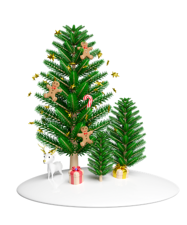 El árbol de Navidad está decorado con pan de jengibre y palitos de caramelo.  3D Illustration