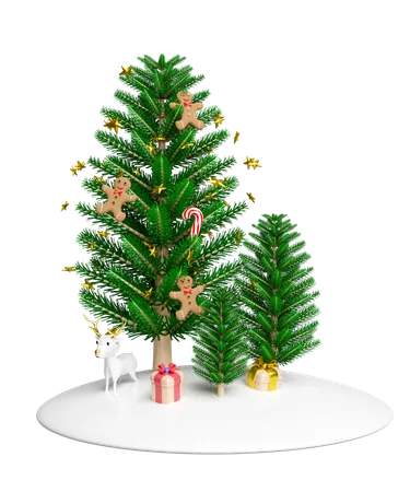 El árbol de Navidad está decorado con pan de jengibre y palitos de caramelo.  3D Illustration