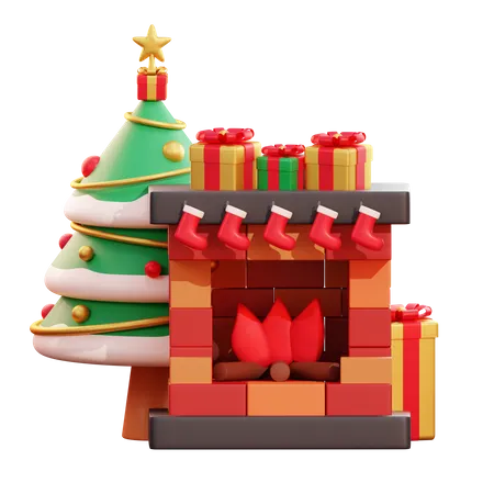 Árbol de navidad y chimenea  3D Illustration