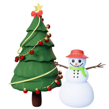 Árbol de navidad y muñeco de nieve  3D Illustration