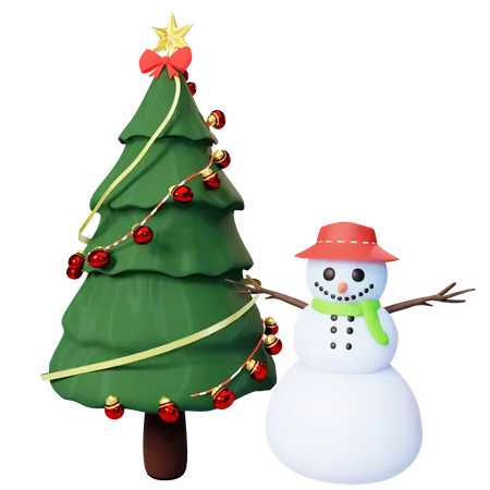 Árbol de navidad y muñeco de nieve  3D Illustration