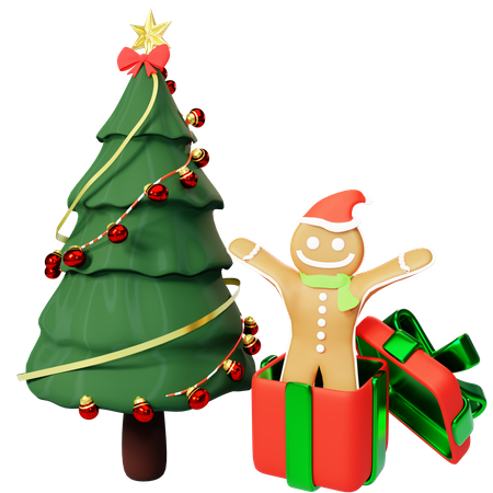 Árbol de Navidad y pan de jengibre.  3D Illustration