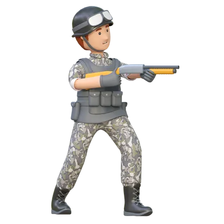 Military Man Holding Shotgun 3 D Cartoon Illustration 3D Illustration