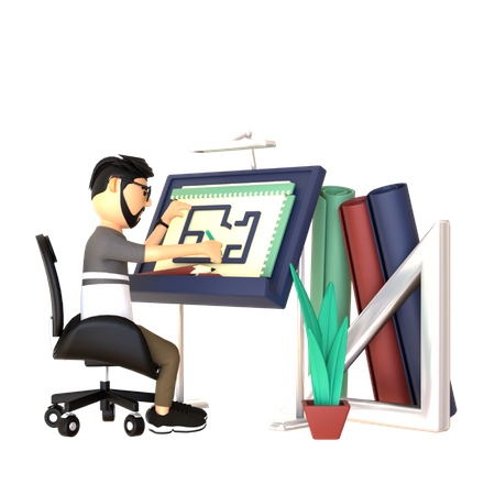 Arquitecto masculino diseñando planos 3D Icon