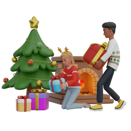 Couple organisant des coffrets cadeaux  3D Illustration