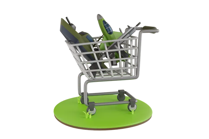 Purchase A Range Of Military Gear For Battle Shopping Trolley Contains Fighter Plane Battle Tank And Submachine Gun 3 D Illustration 3D Illustration