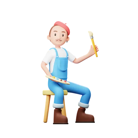 Artist Holding Brush  3D Illustration