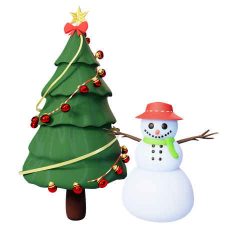 Árvore de natal e boneco de neve  3D Illustration