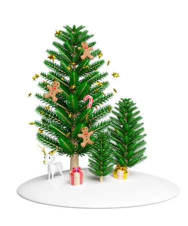 A árvore de Natal é decorada com biscoitos de gengibre e doces  3D Illustration