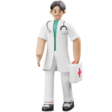 Arzt bringt Erste-Hilfe-Kasten  3D Illustration