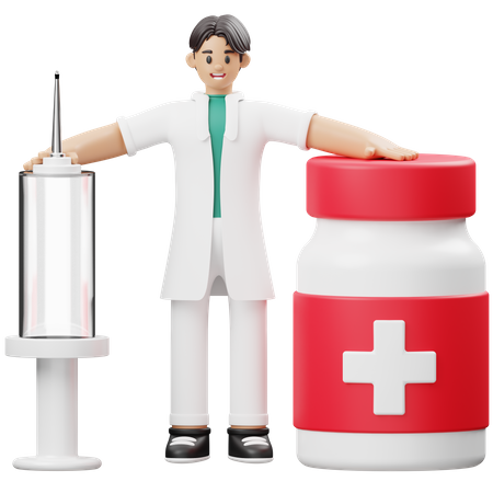 Arzt steht mit Injektion und Medikamentenflasche  3D Illustration
