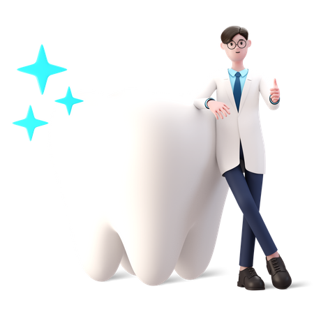Arzt steht mit sauberem Zahn und zeigt Daumen nach oben  3D Illustration