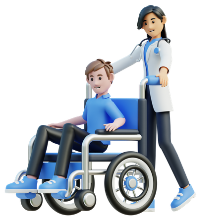 Ärztin drängte Patientin in den Rollstuhl  3D Illustration