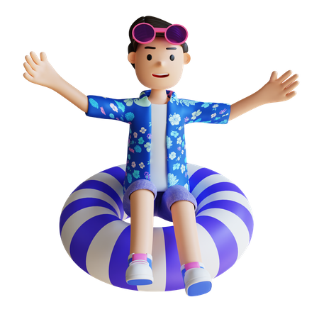 Homem sentado em bóia de praia  3D Illustration