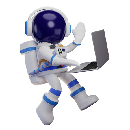 Astronaut arbeitet am Laptop und winkt mit der Hand  3D Illustration