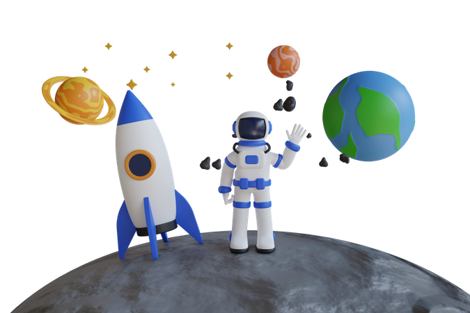 Astronaut auf dem Mond mit Rakete und Planeten  3D Illustration