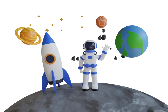 Astronaut auf dem Mond mit Rakete und Planeten  3D Illustration