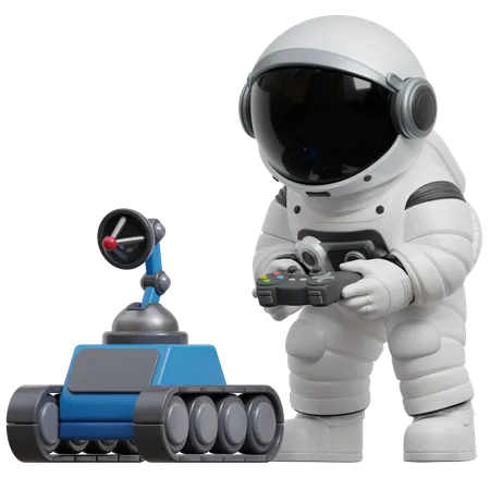 Astronaut Controlling Moon Rover Robot  3D Illustration