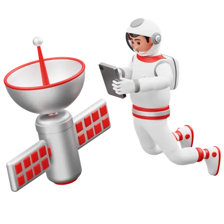 Astronaut Controlling Satellite 3D Illustration