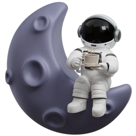 Astronaut Enjoying Coffee On The Moon  3D Illustration