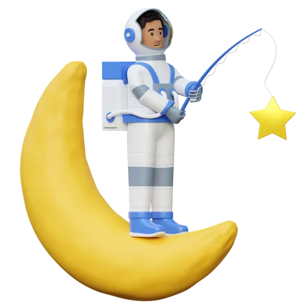 Astronaut Fishing In Moon  3D Illustration