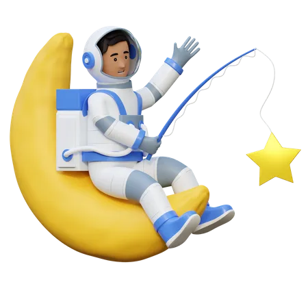 Astronaut Fishing In Moon  3D Illustration