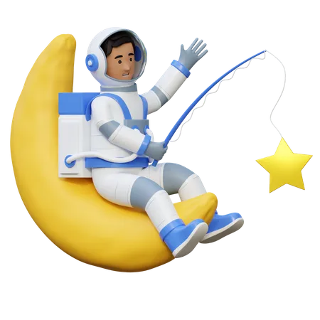 Astronaut Sitting In Moon While Fishing Star 3 D Cartoon Illustration 3D Illustration
