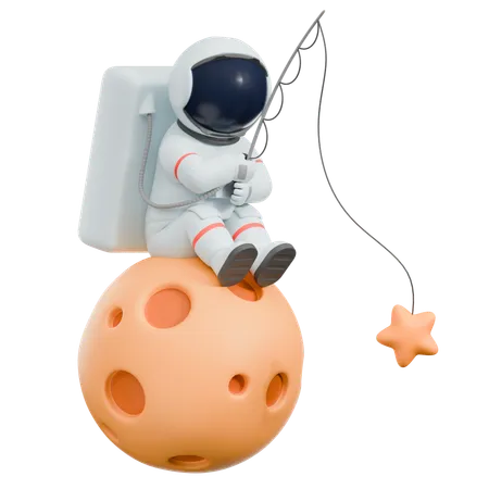 Astronaut Fishing On Moon  3D Illustration