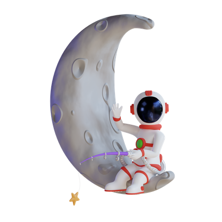 Astronaut Fishing Star On Moon  3D Illustration