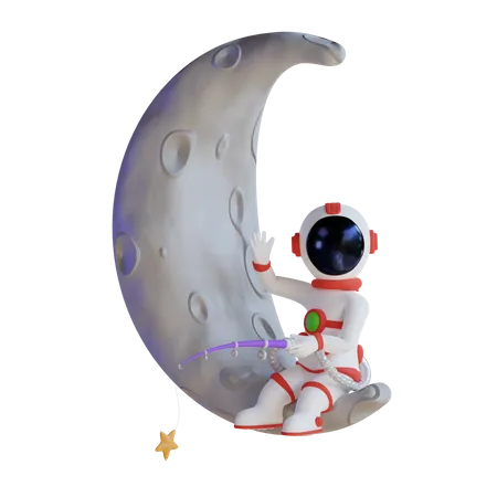 Astronaut Fishing Star On Moon  3D Illustration