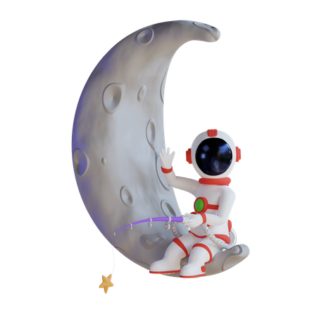 Astronaut Fishing Star On Moon 3D Illustration