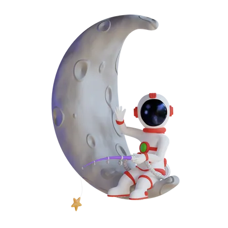Astronaut Fishing Star On Moon 3D Illustration
