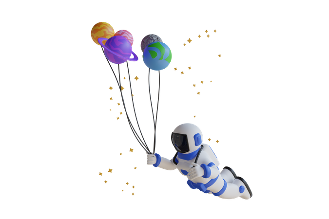 Astronaut fliegt mit Planetenballons  3D Illustration