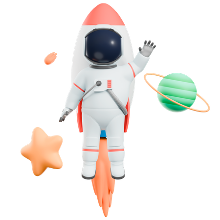 Astronaut fliegt mit Rakete  3D Illustration