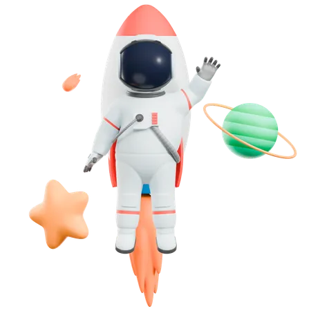 Astronaut fliegt mit Rakete  3D Illustration