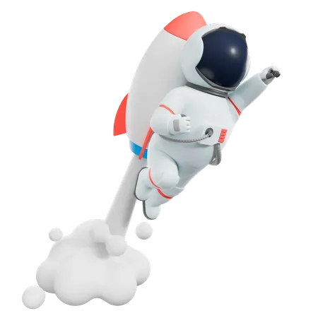 Astronaut fliegt mit Rakete  3D Illustration